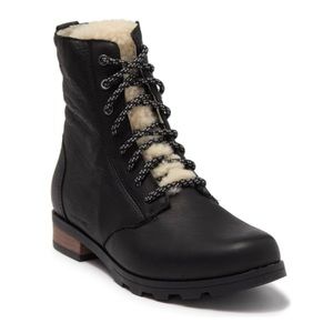Sorel Black Emelie Genuine Shearling Short Lace-Up Boot Size 7.5